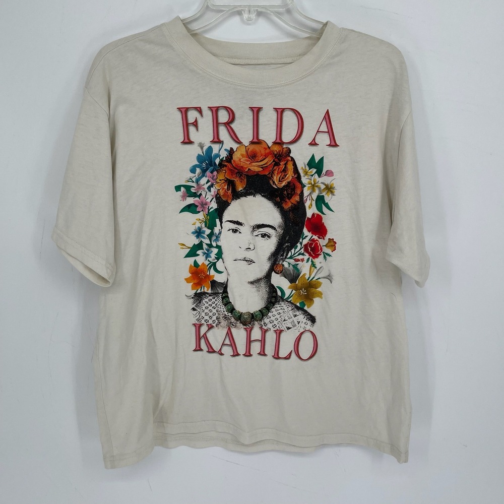 Frida Kahlo Women's Beige Graphic Floral Portrait Short Sleeve T-Shirt Size L